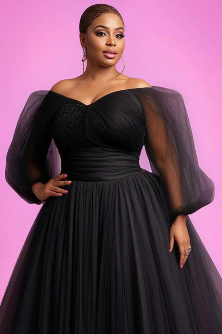 Xpluswear Design Plus Size Wedding Black Off The Shoulder Puff Sleeve Long Sleeve See Through Elegant Tulle Maxi Dresses [Pre-Order]
