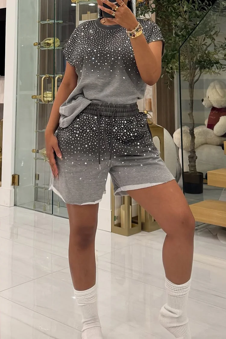 Plus Size Daily Grey Gradient Round Neck Short Sleeve Drilling Casual Pull-On Waist Two Piece Short Sets [Pre-Order]