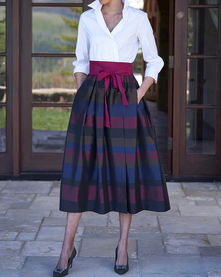 Vacation style stripe print a-line draw back dress