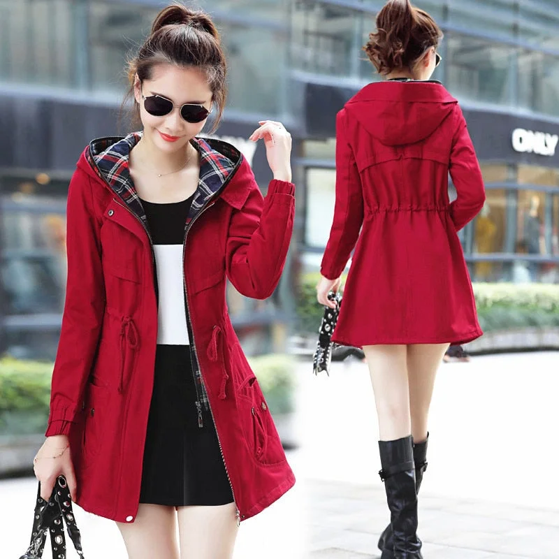 Medium Long Plus Size Trench Coat Women New 2020 Spring Autumn Hooded Zipper Loose Female Windbreaker Fake Two Pieces Outerwear