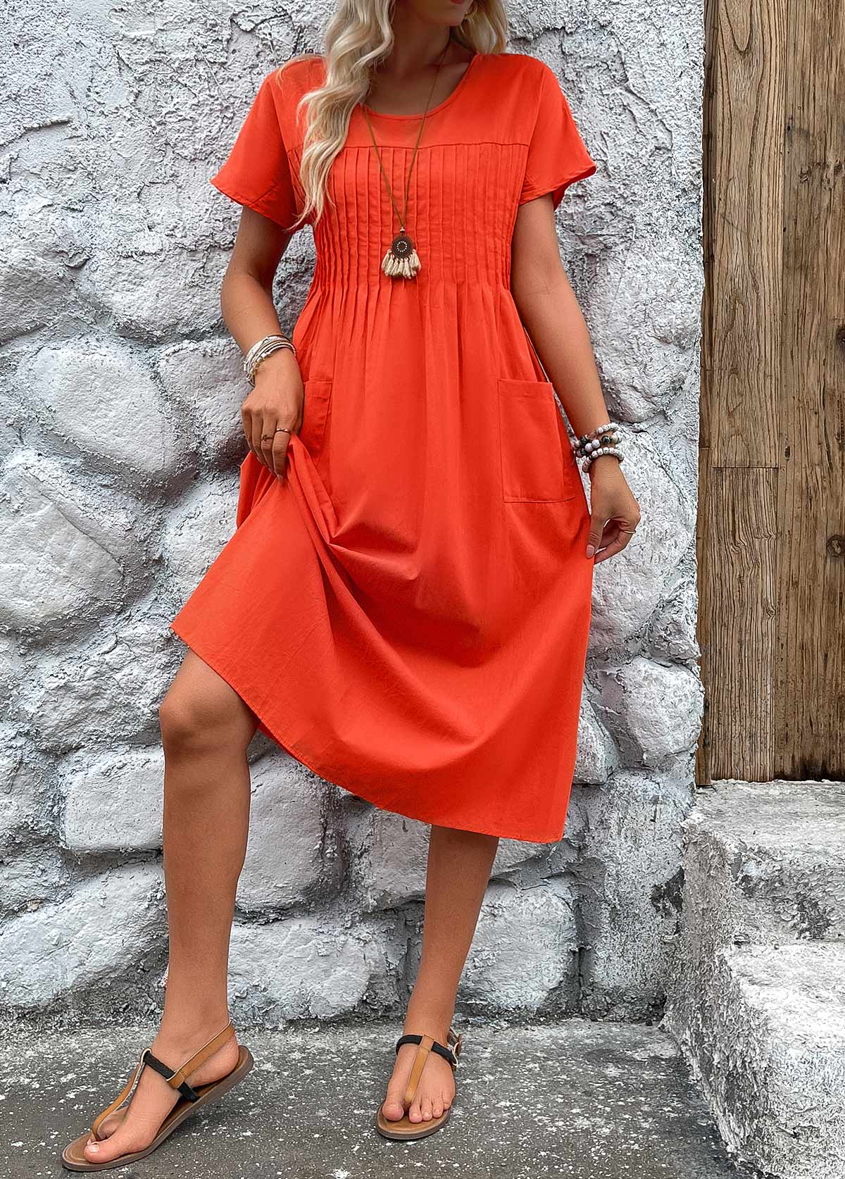MODLILY DESIGN Navy Tuck Stitch Short Sleeve Round Neck Dress