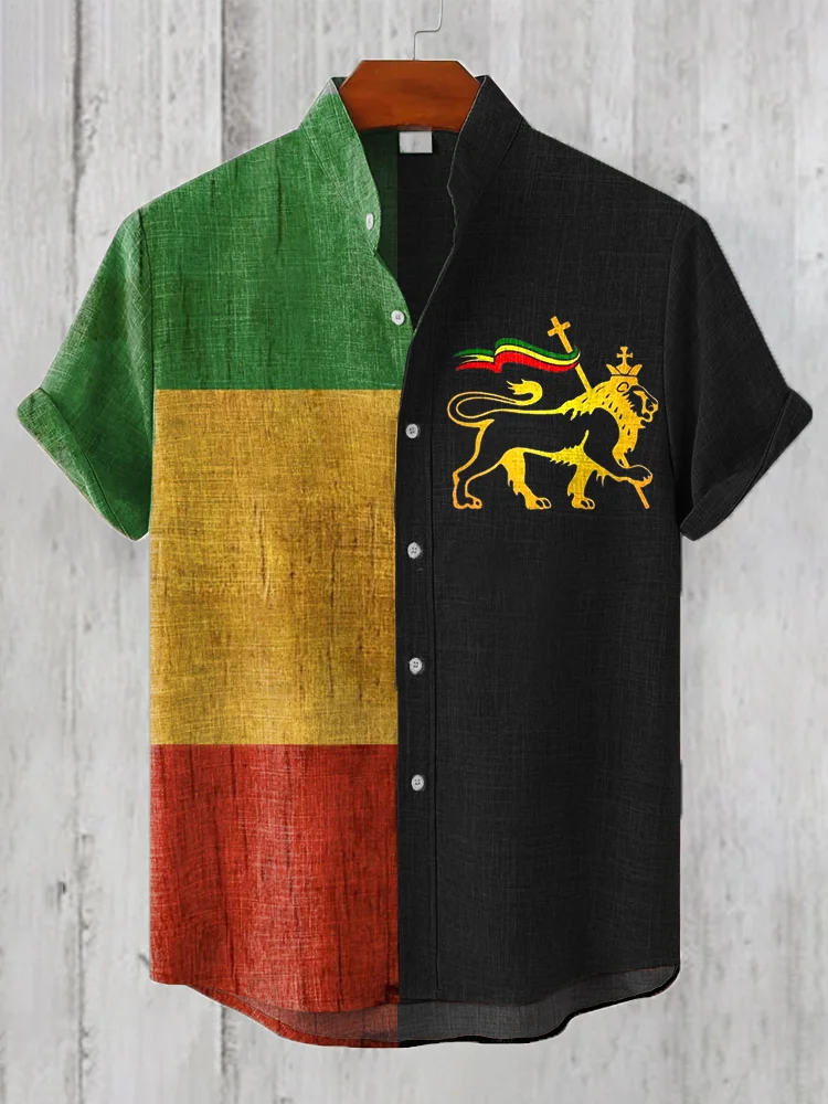 Men's Reggae Lion Art Print Linen Blend Shirt