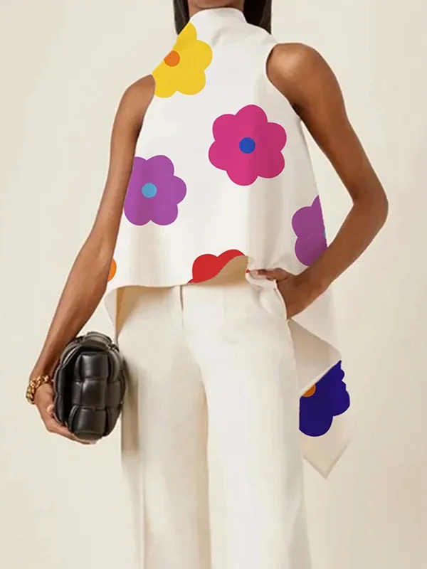 High-Low Loose Floral Printed High-Neck Vest Top