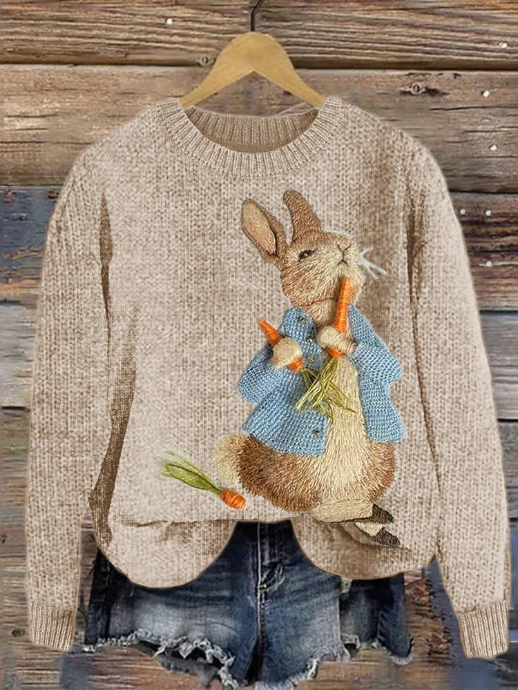 Comstylish Cute Bunny Embroidery Art Cozy Knit Sweater