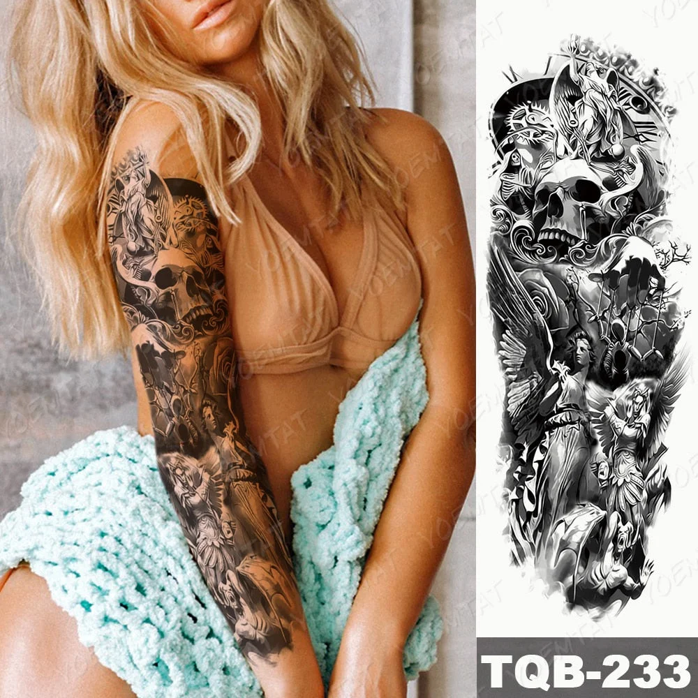 Large Arm Sleeve Tattoo Lion Cross Prayer Waterproof Temporary Tatto Sticker Tiger Beach Compass Body Art Full Fake Tatoo Men