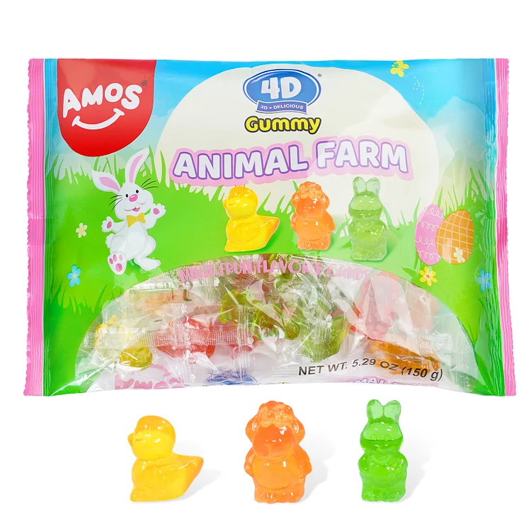 Amos Easter Candy 4D Gummy Animal Farm, Easter Lambs & Bunnies & Chicks Gummy Individually Wrapped, Easter Egg and Basket Stuffers, 5.29oz. Bag