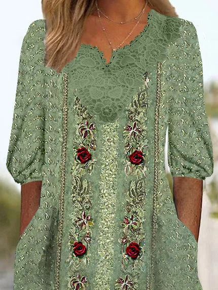 Women's 3/4 Sleeve V-neck Floral Printed Lace Stitching Midi Dress