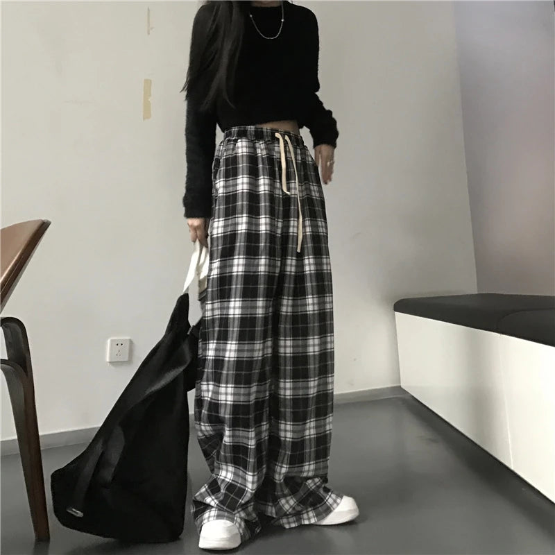 OLCooL Oversize Women Sweatpants Fashion Black Plaid Casual Pants Baggy Elastic Waist Pockets Student Unisex Hip Hop Loose Trousers olcool