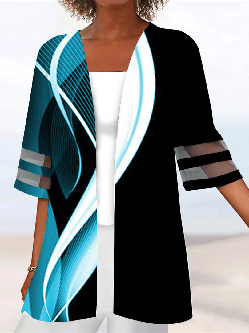 Women Half Sleeve Scoop Neck Striped Printed Colorblock Two-Pieced Tops