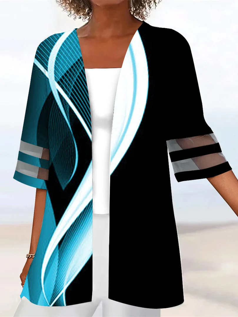 Women Half Sleeve Scoop Neck Striped Printed Colorblock Two-Pieced Tops