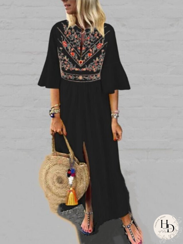 Casual Dress Swing Dress White Dress Long Dress Maxi Dress Black Blue Wine Half Sleeve Floral Ruffle Fall Spring Autumn V Neck Loose Fit S M L XL XXL for Women