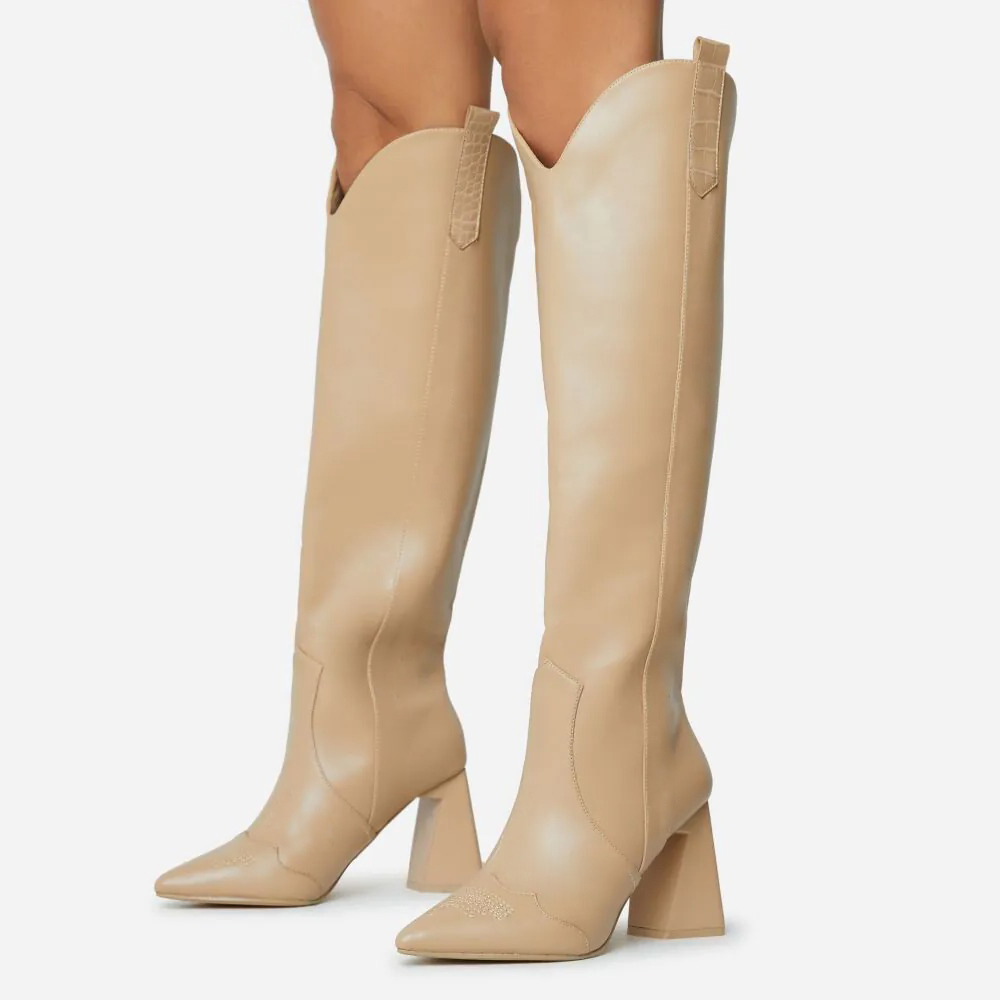 Women's Nude Pointed Toe Chunky Heel Stitching Knee-High Boots Nicepairs