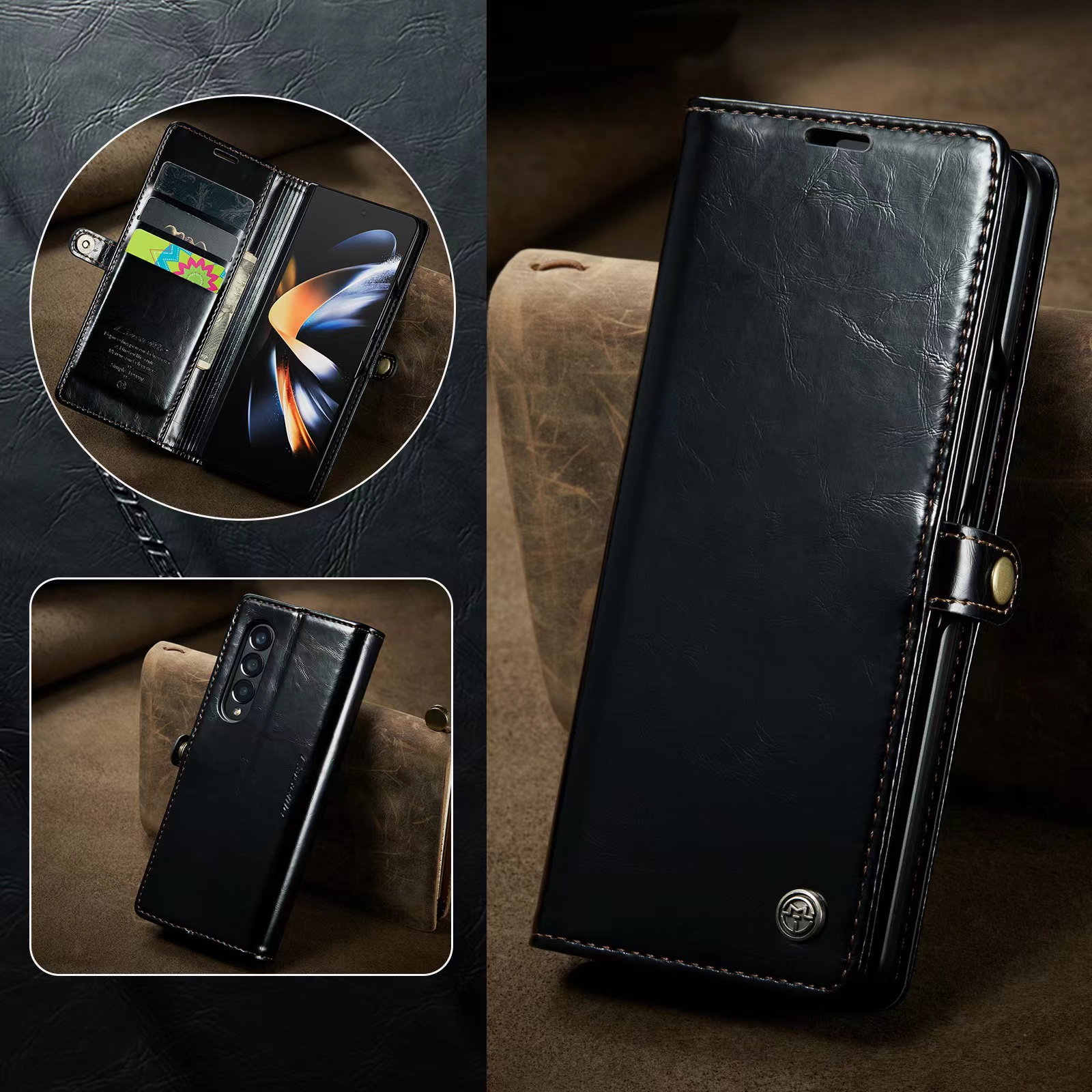 Luxury PU Leather Flip Durable Magnetic Wallet Case with Card Slot and Kickstand Shockproof Case for Galaxy Z Fold 3/4/5