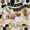 Birthday Decorations, Happy Birthday Banner with Birthday Balloons, Honeycomb Balls, Hanging Swirls, Circle Dots Garland, Happy Birthday Party Decorations for Women Men Boys Girls (Black&Gold)