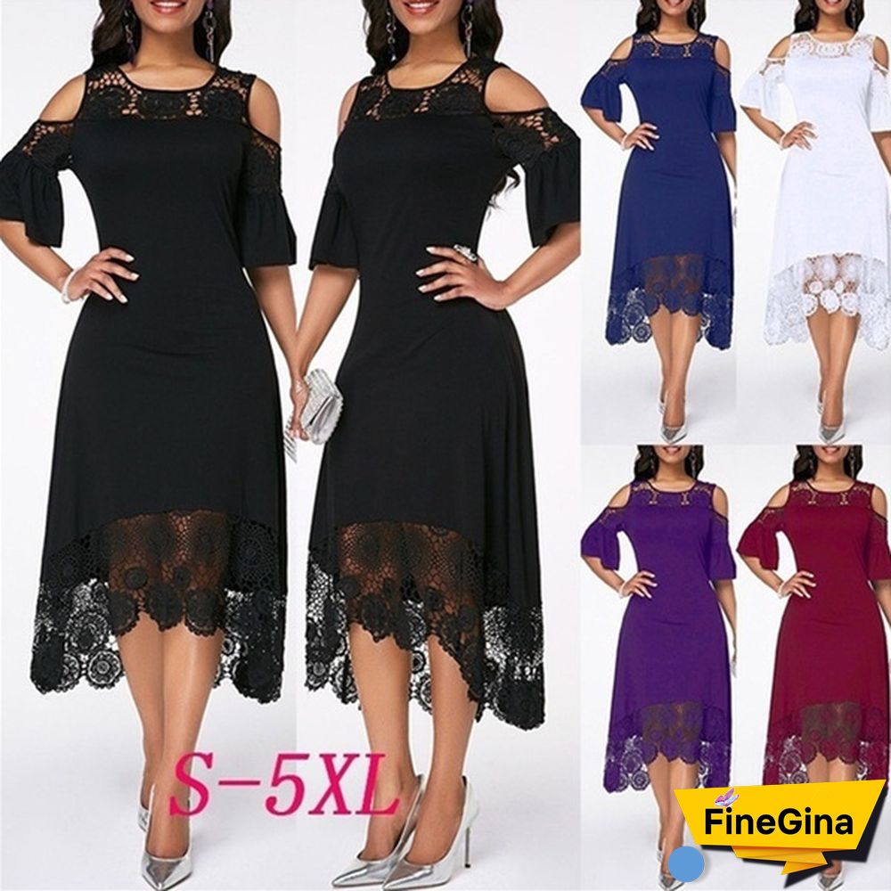 New Fashion Women Elegant Crochet Lace Cold Shoulder Long Dress Party Casual Dress Plus Size