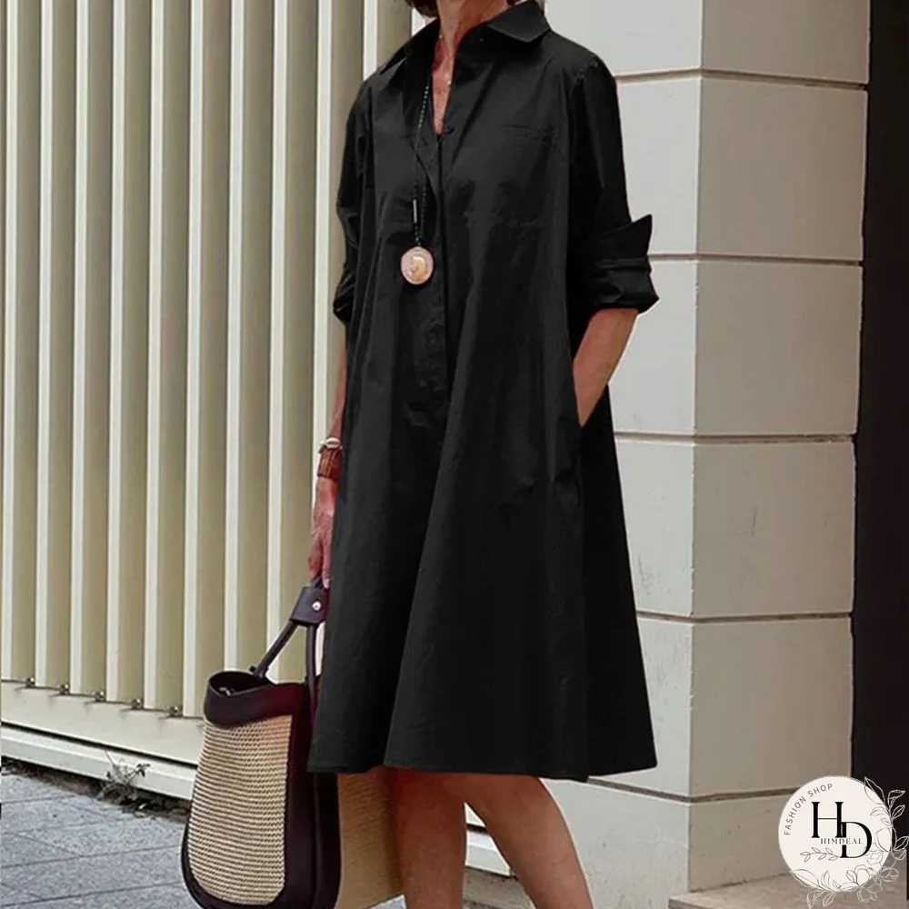 Autumn Women Harajuku Lapel Shirt Dress Vintage Ladies Long Sleeve Loose Mini Dress Elegant Commute Solid Pocket Dress Vestidos