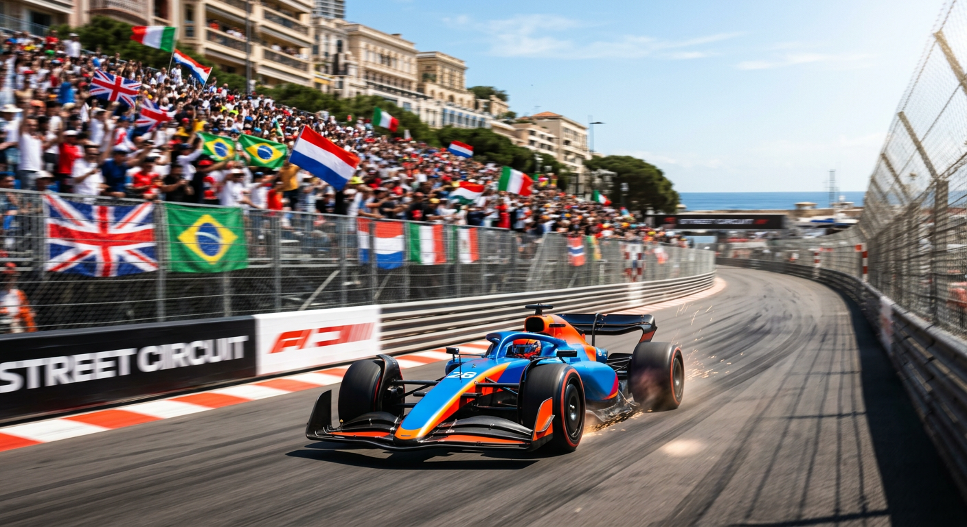 Formula 1 race car speeding down a street circuit with packed grandstands, representing the glamour of modern F1 racing and nicotine pouch sponsorship deals