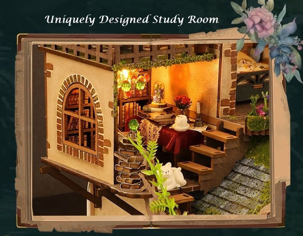 image displaying miniature scenes of uniquely designed study room in the Forest Adventure DIY Miniature House Kit