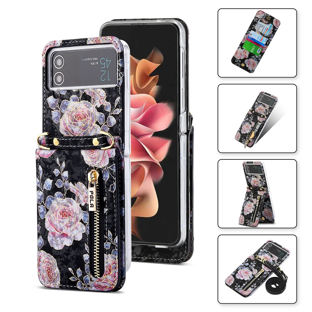  Crossbody Leather Rose Hot Stamping Phone Case With 4 Cards Slot,Zipper Slot,Kickstand And Lanyard For Galaxy Z Flip3/Z Flip4