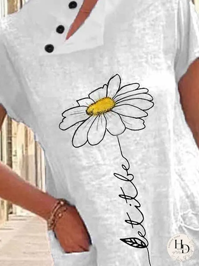 Cotton Linen Dress Casual Dress Shift Dress Midi Dress Cotton Blend Fashion Casual Outdoor Daily Cowl Neck Button Pocket Short Sleeve Summer Spring Loose Fit White Floral S M L XL 2XL for Women