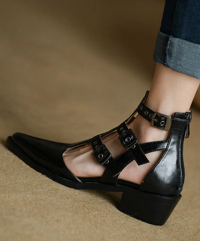 Women Pointed Toe Zippered Splicing Chunky Sandals Black Cowhide Leather