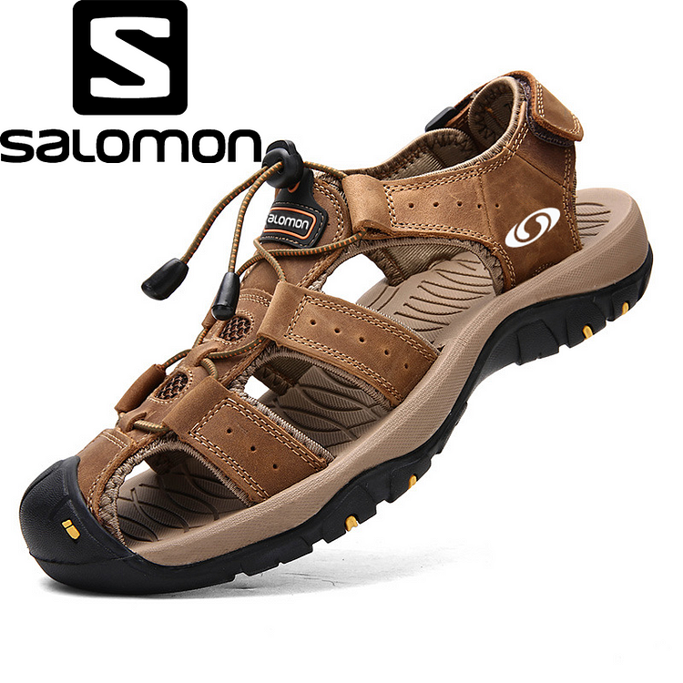 Sandálias de praia masculinas Salomon® para caminhada em couro. Calçados masculinos para atividades ao ar livre. Sandálias respiráveis ​​para pesca. 2024.