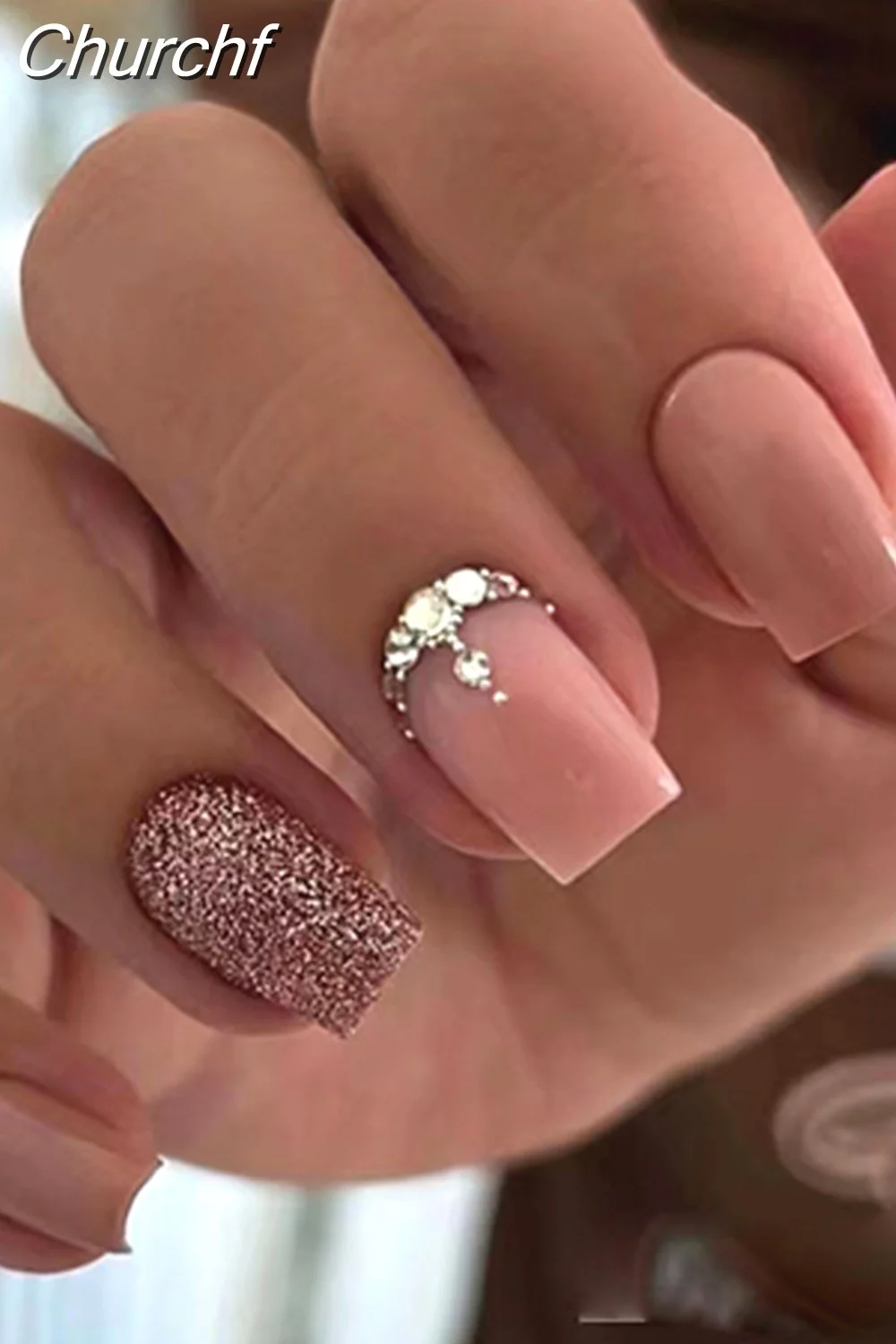 Churchf Drill False Nails Set Simple French Short Square Head Nails Manicure Fashion Full Cover Fake Nail Tips Press on Nails-Nail Inspo