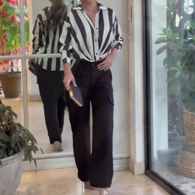 Zingj Zingj 2024 New Fashion Striped Print Shirt High-Waisted Straight Pants Two Sets For Women-Outfit Ideas