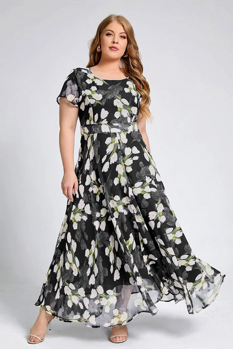 Plus Size Casual Black Floral Print Short Sleeve A Line Tunic Maxi Dress  Flycurvy [product_label]