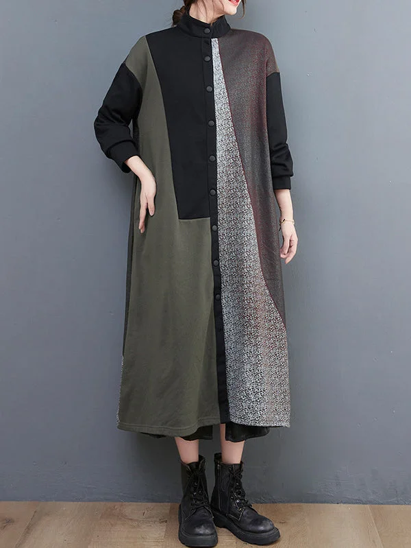 Vintage Loose Contrast Color Split-Joint Stand Collar Midi Dresses