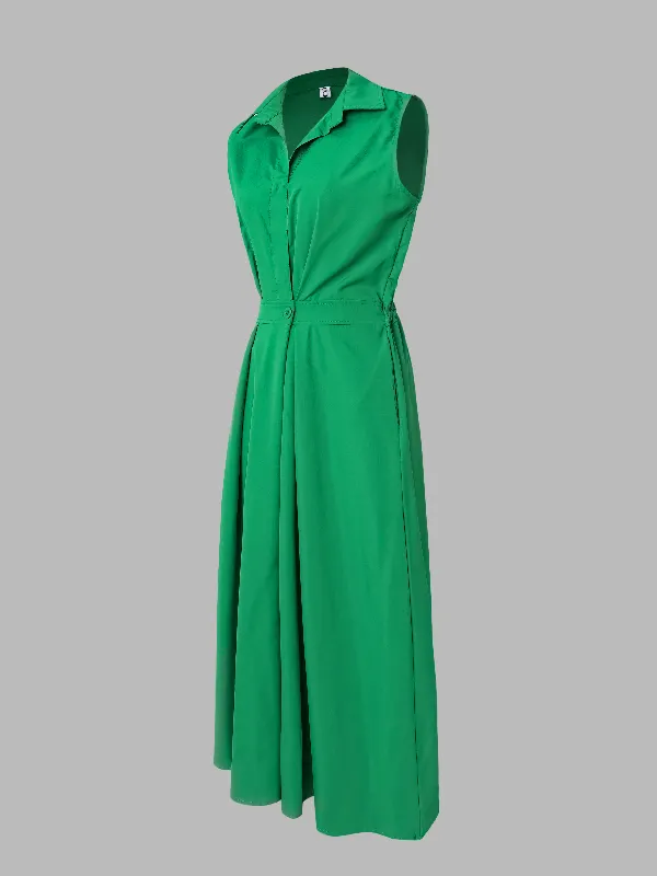 Sophisticated Minimalism: Sleeveless Lapel Midi Dresses in Solid Color