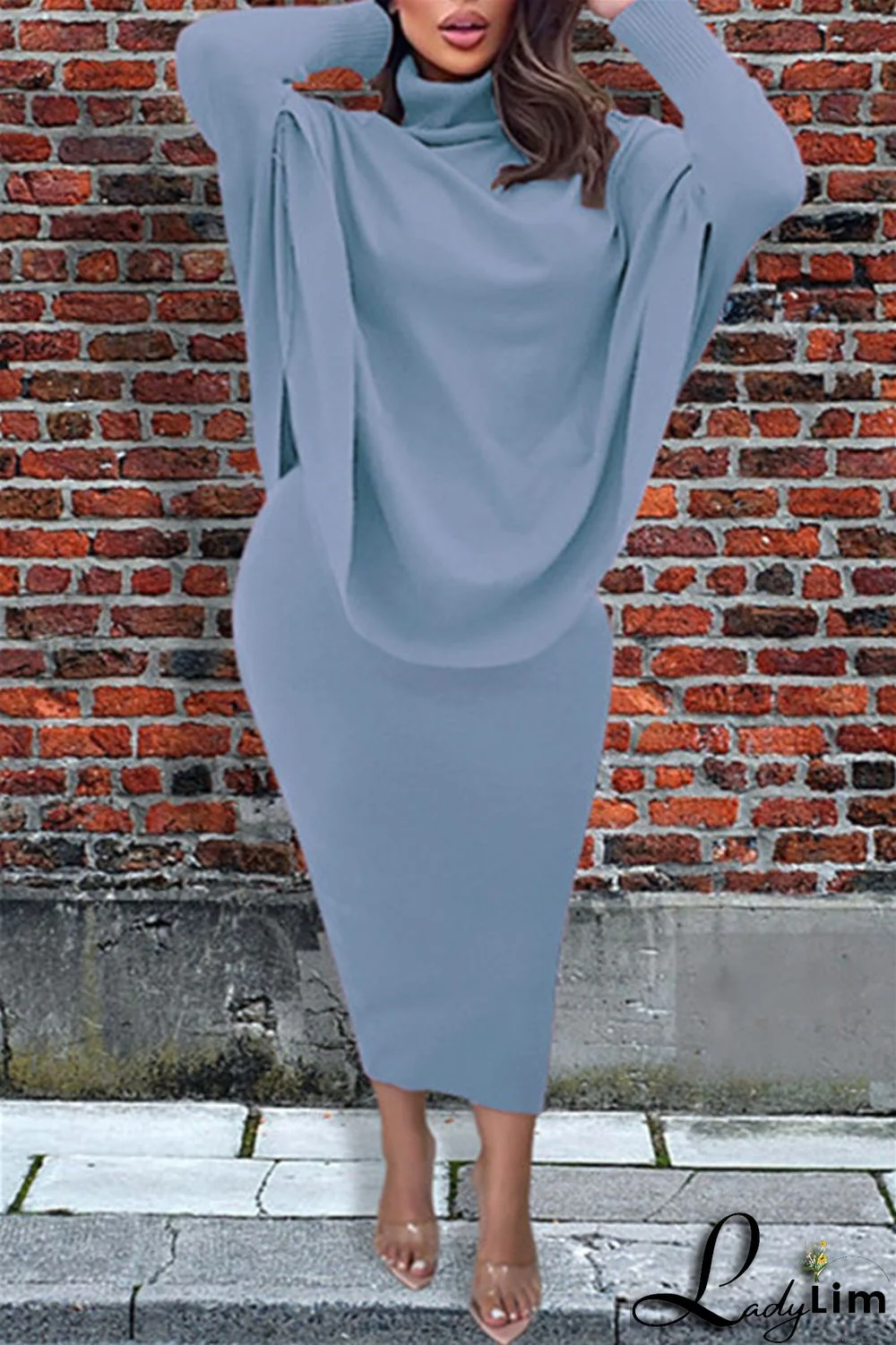 Gray Blue Fashion Casual Solid Split Joint Slit Asymmetrical Turtleneck Long Sleeve Two Pieces