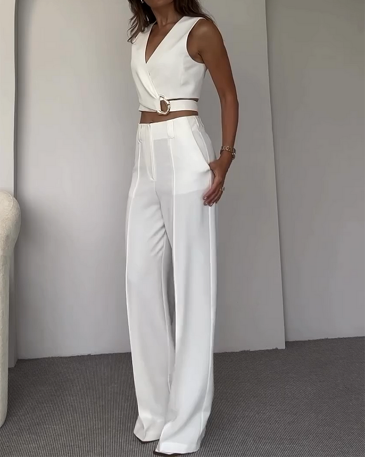 V-neck Cross-tie Top and Pants Two-piece Suit