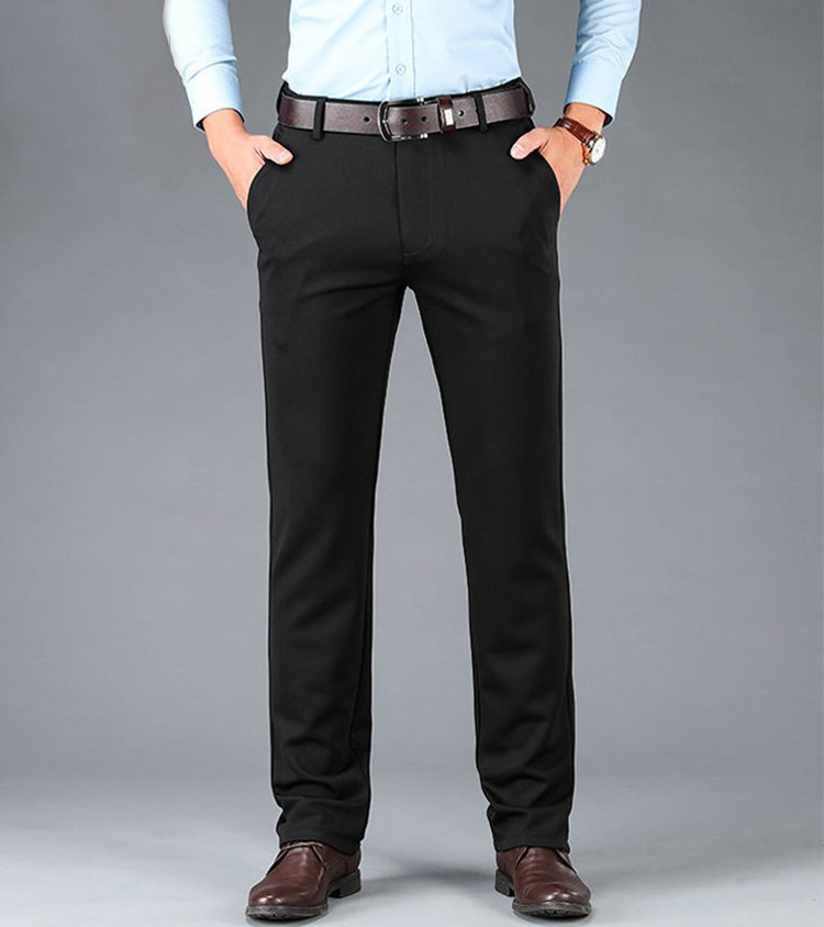 Pantalón formal negro de hombre, modelo recto, adecuado para ocasiones laborales y de negocios.