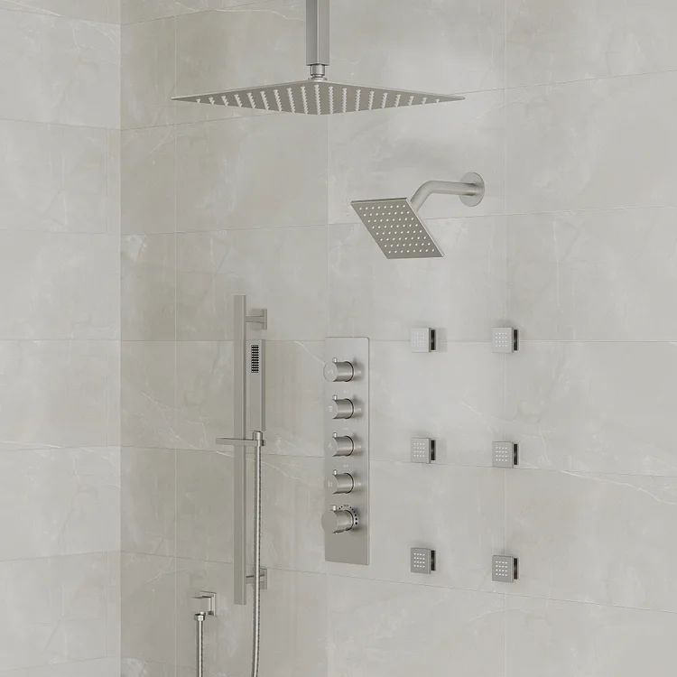 SFS-1031-NK16 Thermostatic Rainfall Shower System | 16" Ceiling-Mounted Head, 6 Body Jets & Handheld in Brushed Nickel