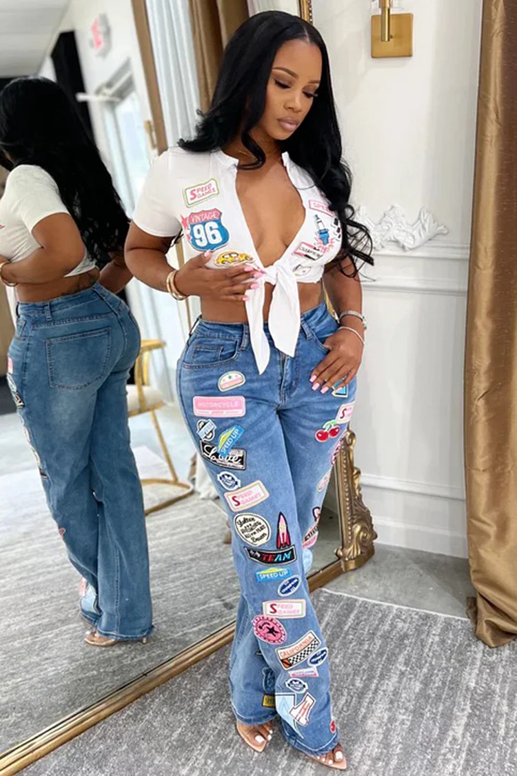 Ribbon Hem Blouse Patch Decor Denim Pants-Blue [Pre Order]