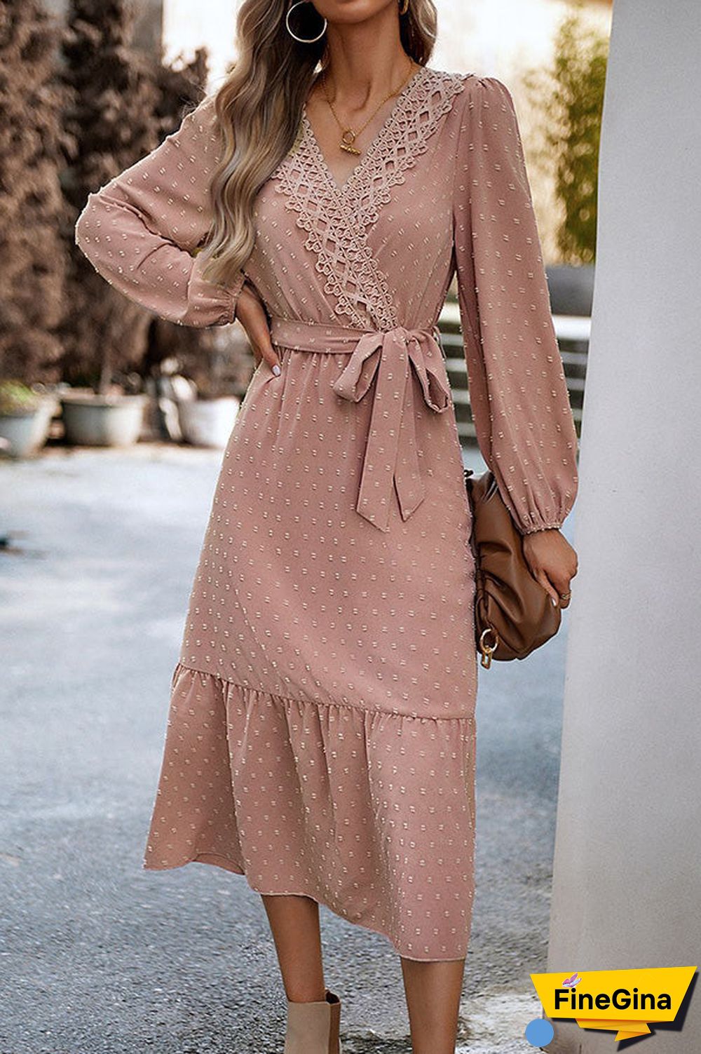 Long Sleeve Tie Waist Elegant Maxi Dress