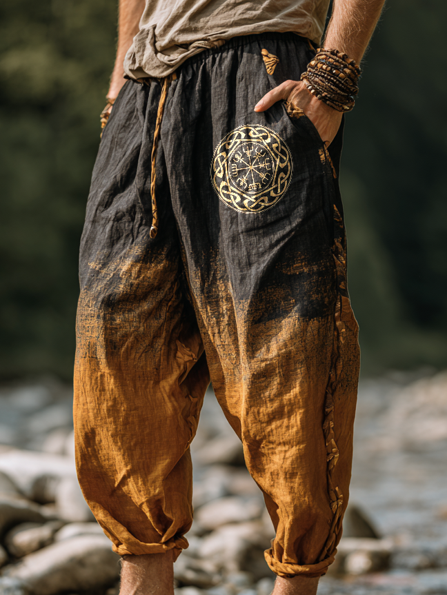 Men's Viking Holiday Rune Totem Vintage Nordic Casual Linen Pants / Rvogue / Rvogue