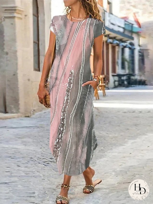 Casual Dress Shift Dress Summer Dress Ombre Marble Print Pocket Split Crew Neck Long Dress Maxi Dress Fashion Streetwear Outdoor Daily Short Sleeve Regular Fit Light Pink Pink Blue Summer for Women