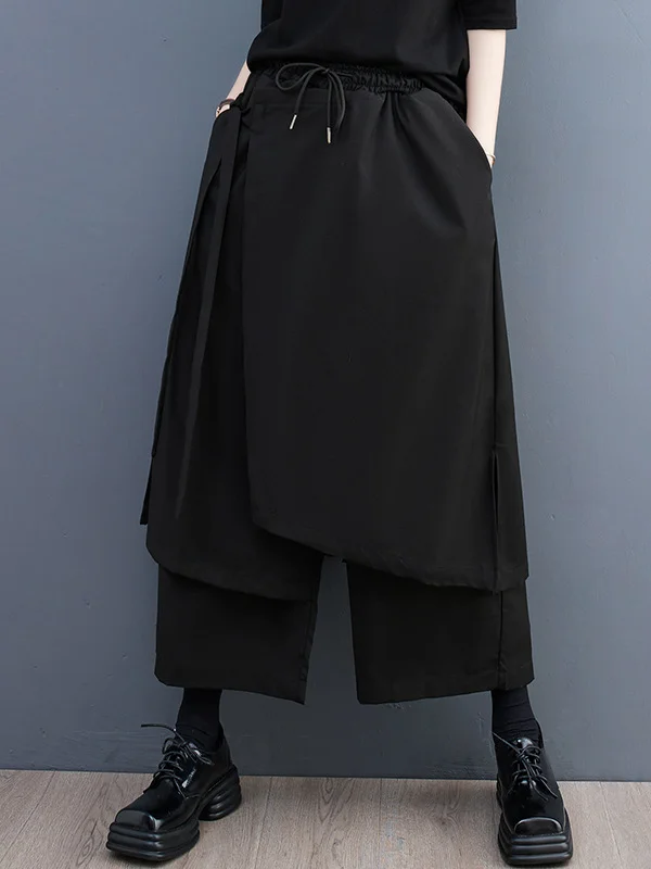 Cropped A-Line Drawstring Solid Color Pants Culotte