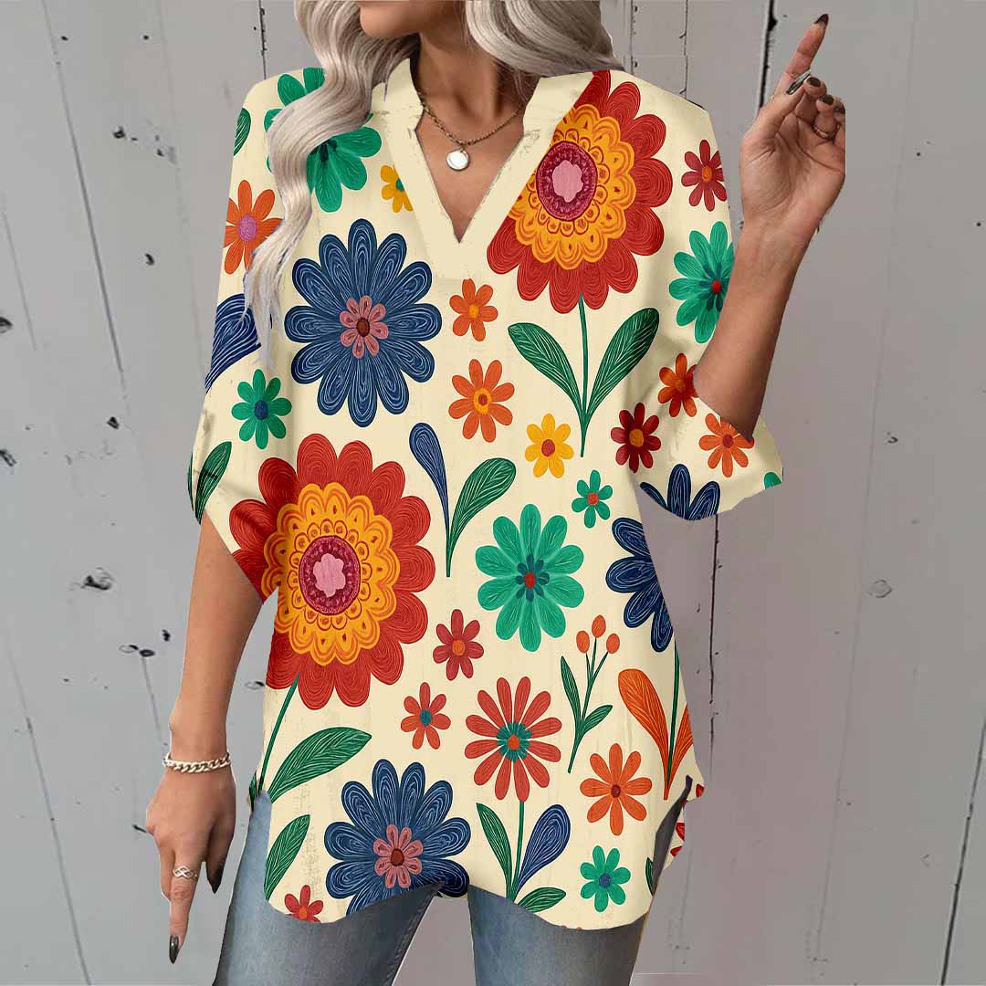 Women Colorful, Floral DZGA0075 3/4 Sleeve V-neck Printed Graphic Button Tops