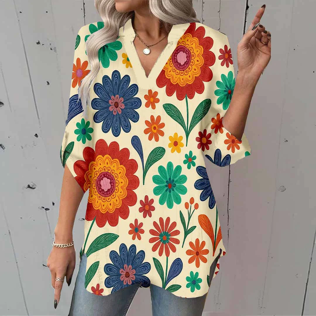 Women Colorful, Floral DZGA0075 3/4 Sleeve V-neck Printed Graphic Button Tops