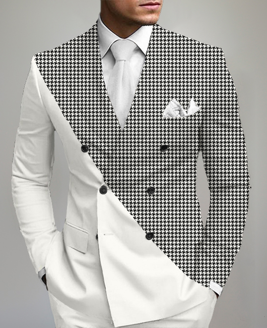 Business Houndstooth Patchwork Double Breasted V Neck Blazer