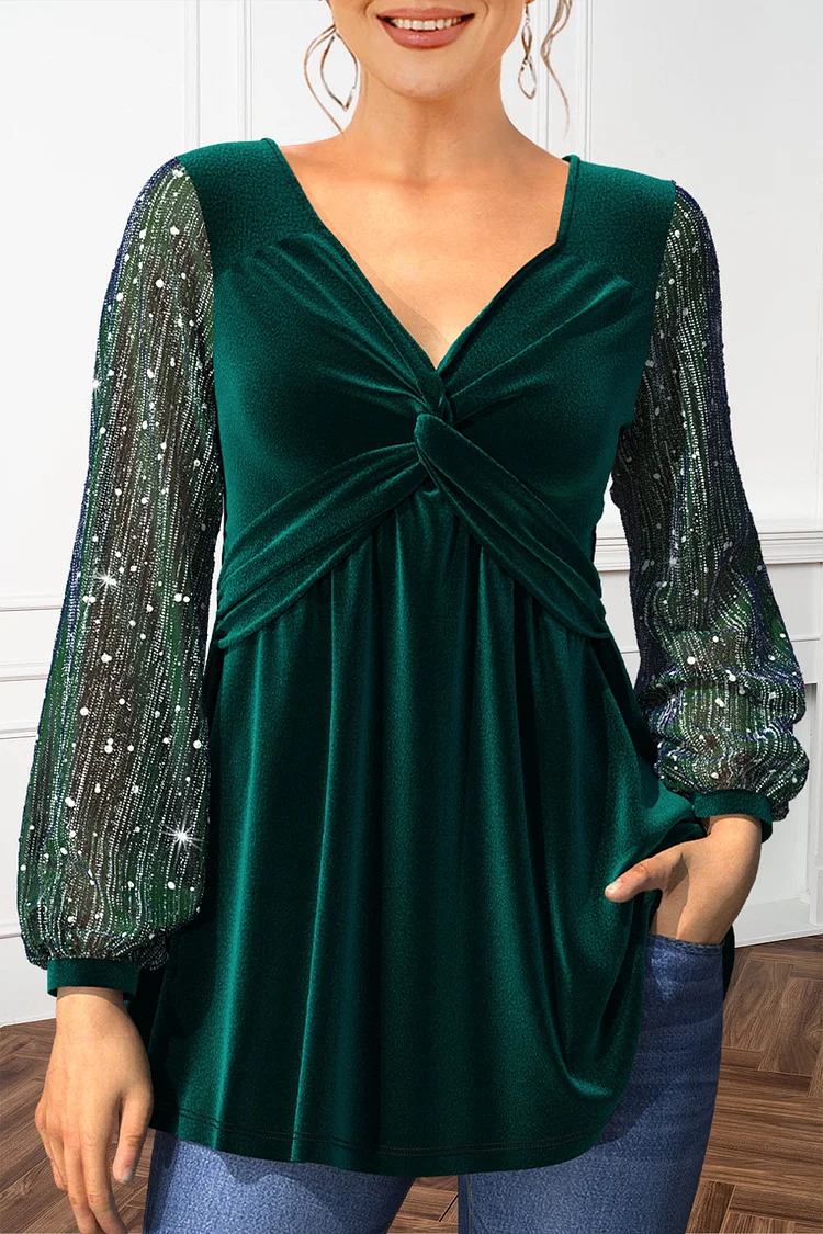 Flycurvy Plus Size Casual Green Christmas Velvet Twist Knot Lantern Sleeve Sparkly Sequin Tunic Blouse  Flycurvy [product_label]