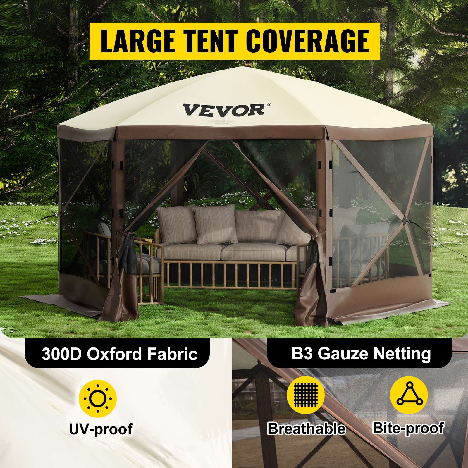 VEVOR camping gazebo with large tent coverage, waterproof oxford fabric, uv-proof, and breathable netting.