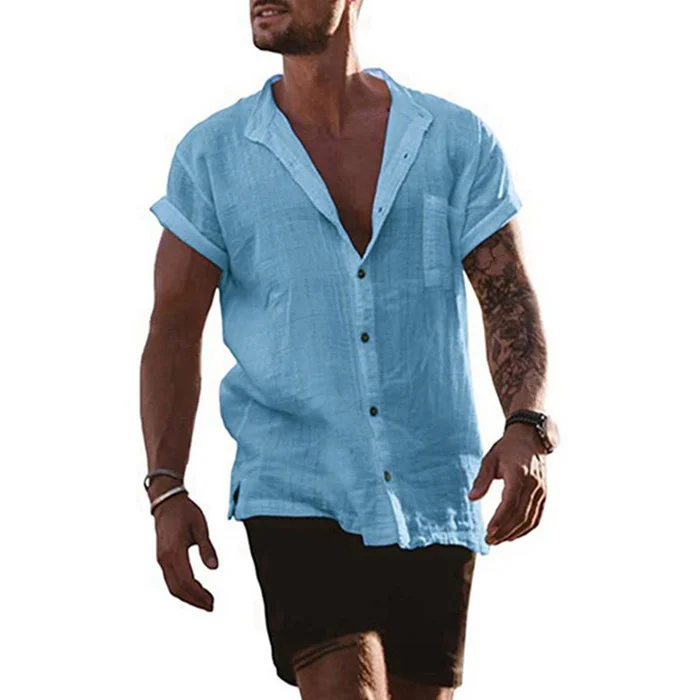Men’s Cotton Linen Solid Loose Short Sleeve Pocket Simple Casual Shirt