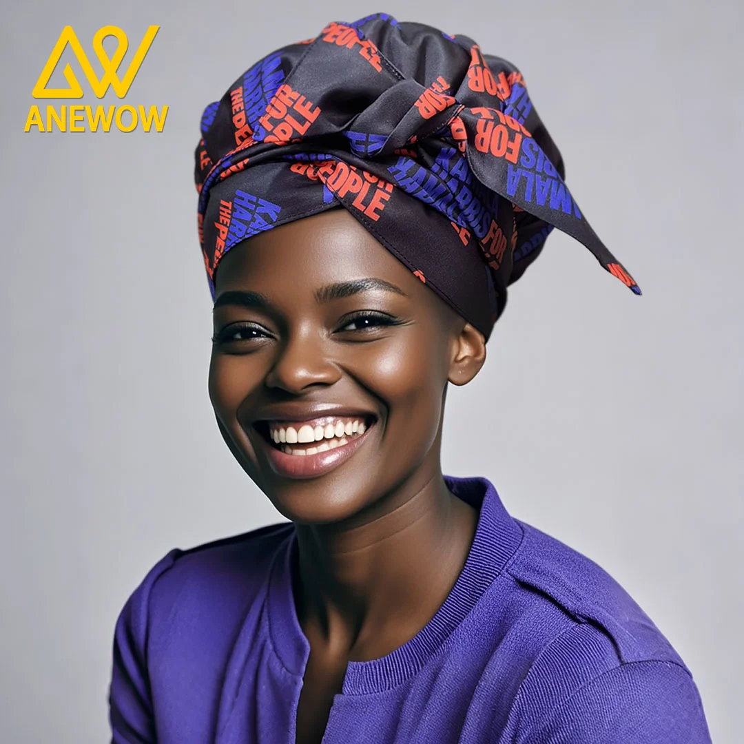 ANEWOW Kamala Harris For The People Print Turban Hat, Satin-Lined Head Wraps Bonnet, Vintage Lace-Up Headscarf Beanies Bandanas for Women-AW1894