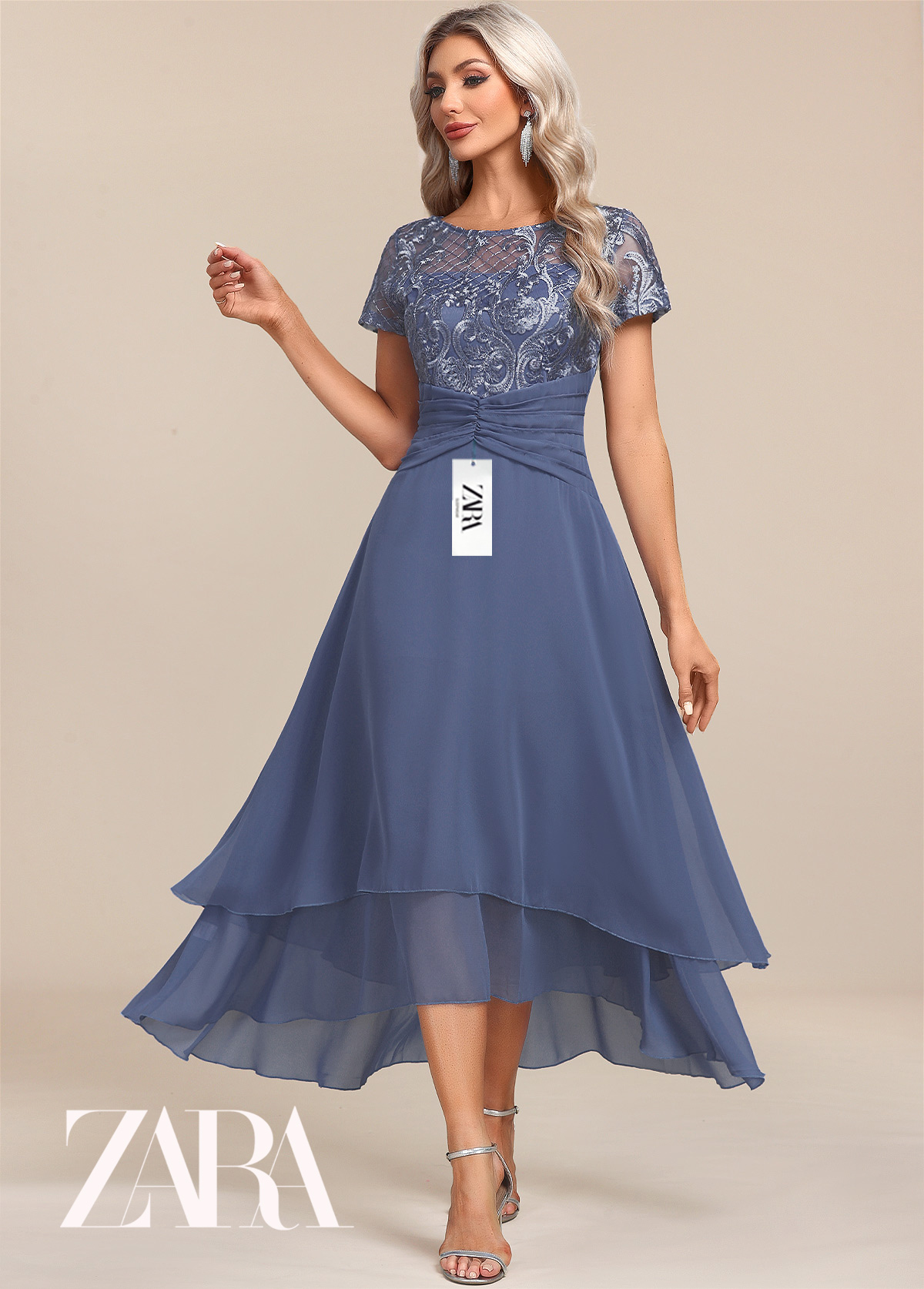 ZARA nowa sukienka z szyfonu z haftowanymi rękawami i okrągłym dekoltem