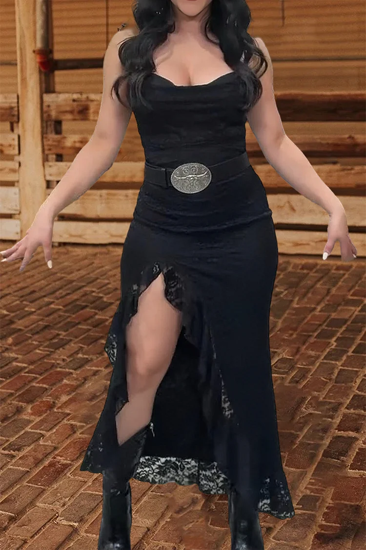 Pretty Lace Ruffled Slit Dress