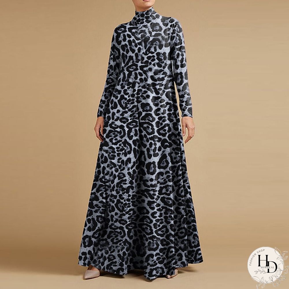 Women Holiday Leopard Print Long Sleeve Dress Ladies Baggy Long Maxi Shirt Dress